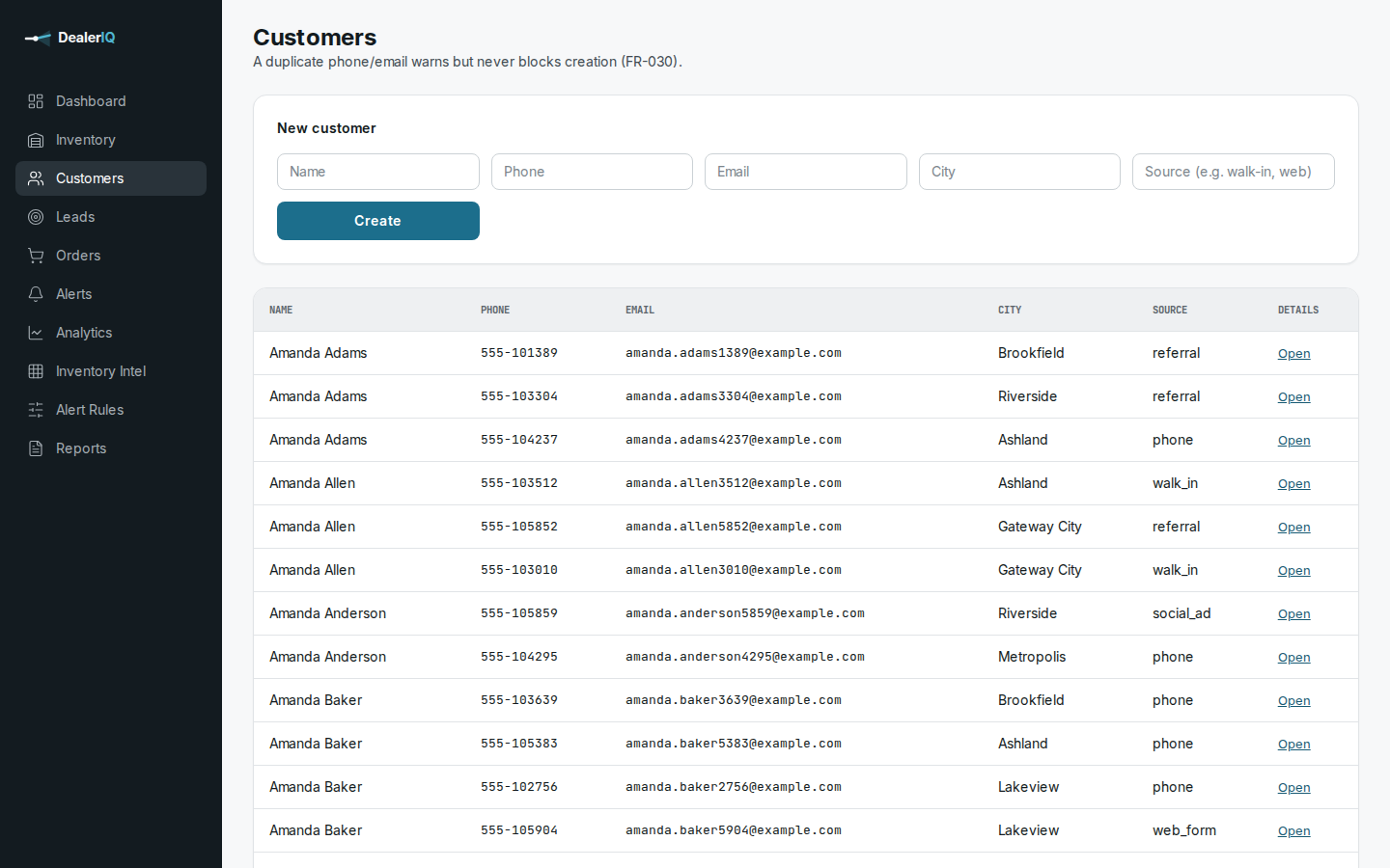 Customers screen with a new-customer form above a table of seeded customers showing name, phone, email, city and source.