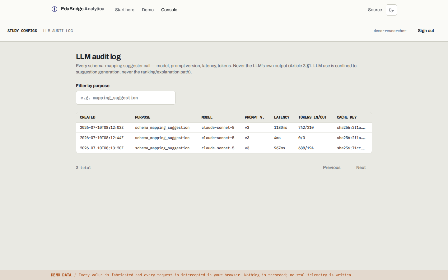 LLM audit log table of schema-mapping suggester calls with model, latency, and token counts.