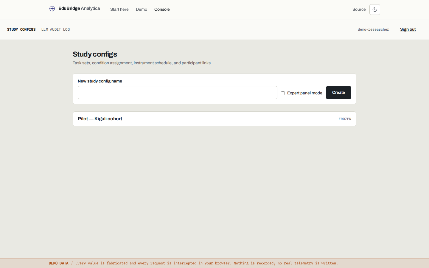 Researcher console study configurations with a frozen Kigali pilot cohort.