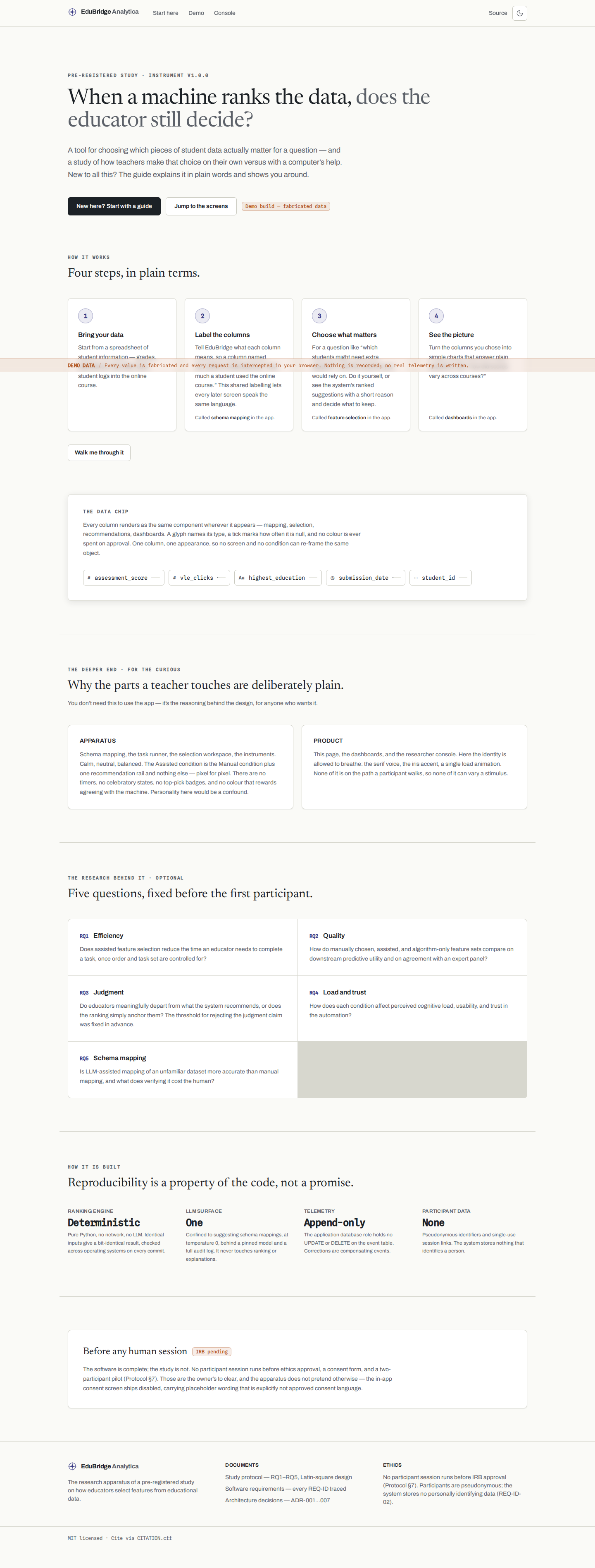 EduBridge Analytica landing page on the live demo host.