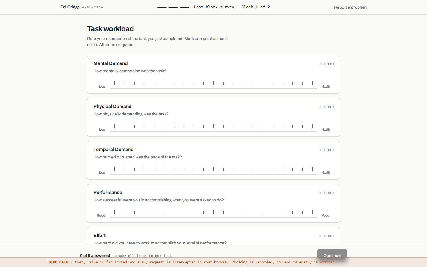 NASA-TLX post-block workload survey with six required scales.