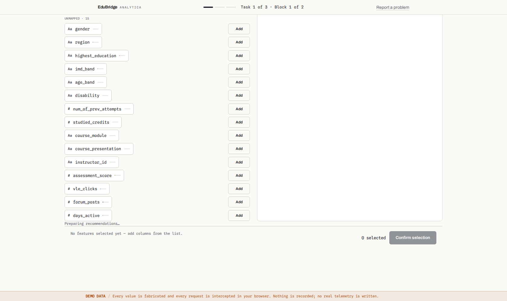 Assisted feature-selection workspace with the recommendation rail loading beside the same Manual layout.
