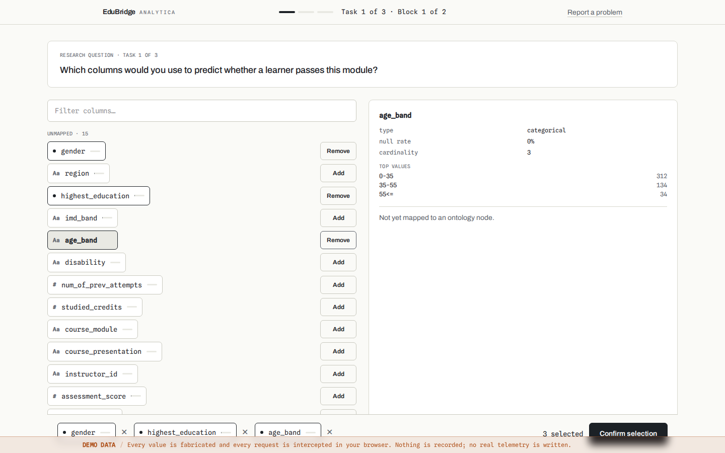 Feature-selection workspace with research question, candidate columns, inspector, and selection tray.