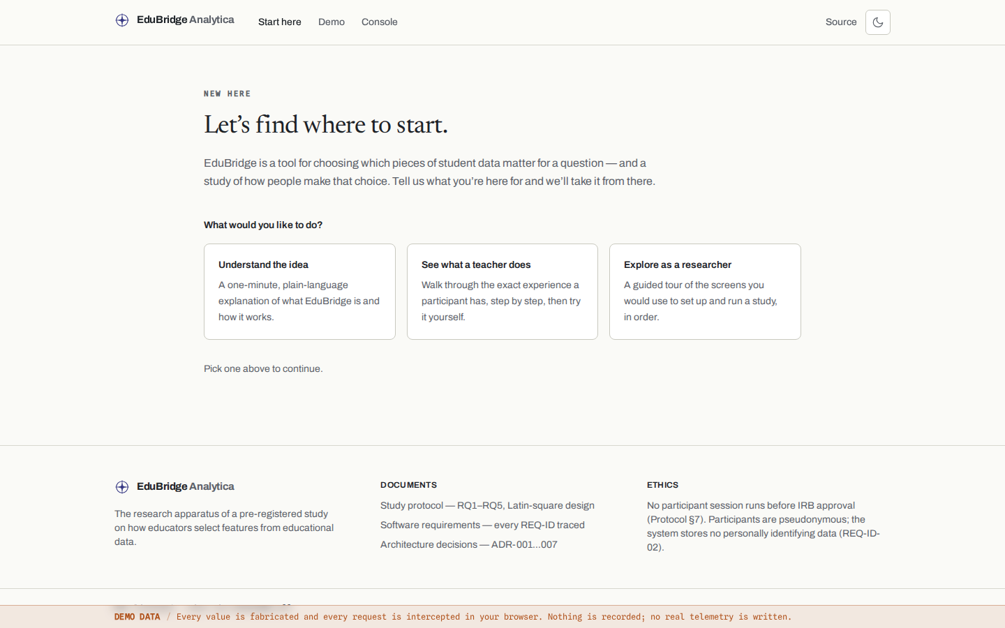 EduBridge start page with links to an explanation, teacher walkthrough, and researcher console.