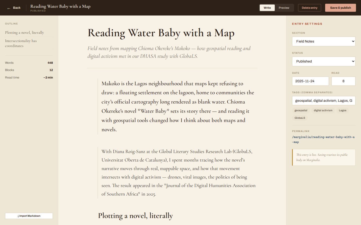 Block Composer editing a Marginalia essay with outline and entry settings.