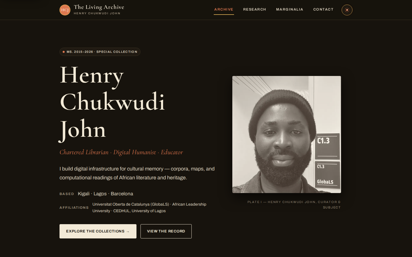 Living Archive home in dark theme.