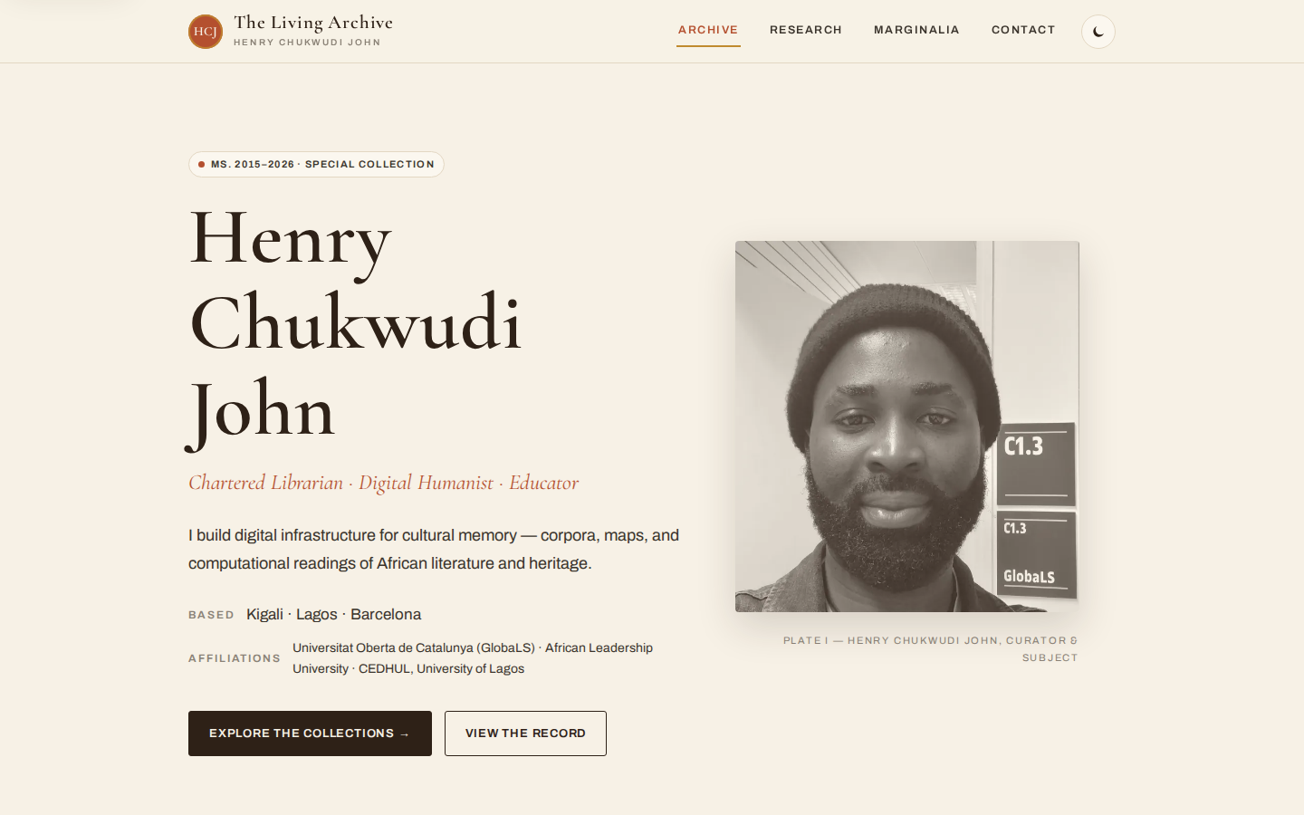 Living Archive accession hero with Plate I portrait of Henry Chukwudi John.
