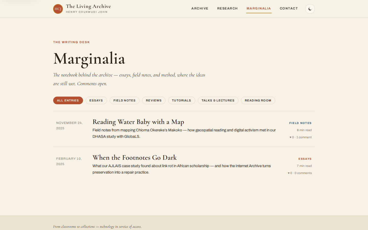Marginalia blog index on the Living Archive.