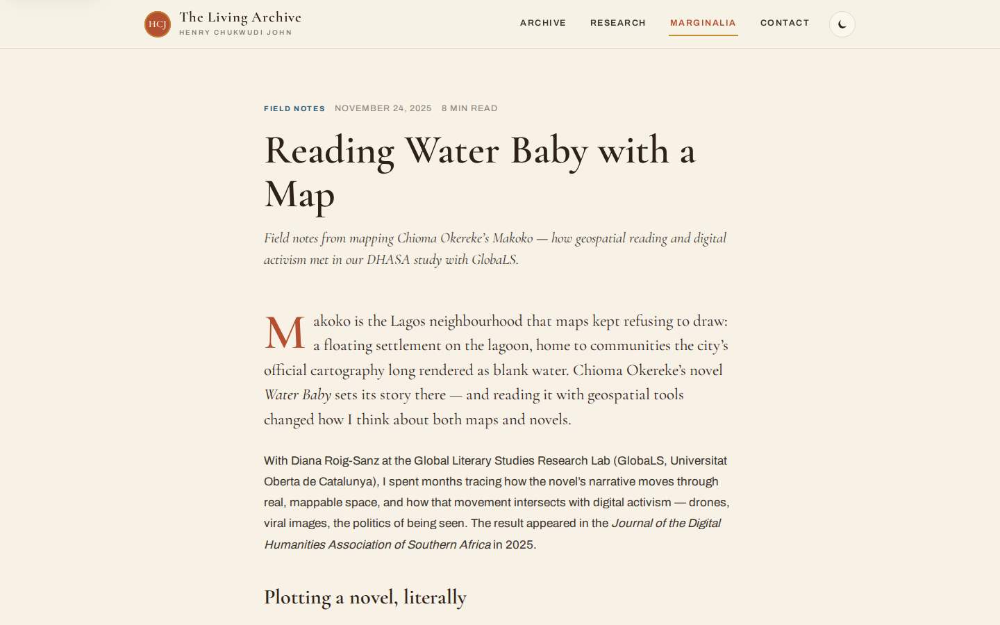 Marginalia post Reading Water Baby with a Map with drop-cap essay layout.