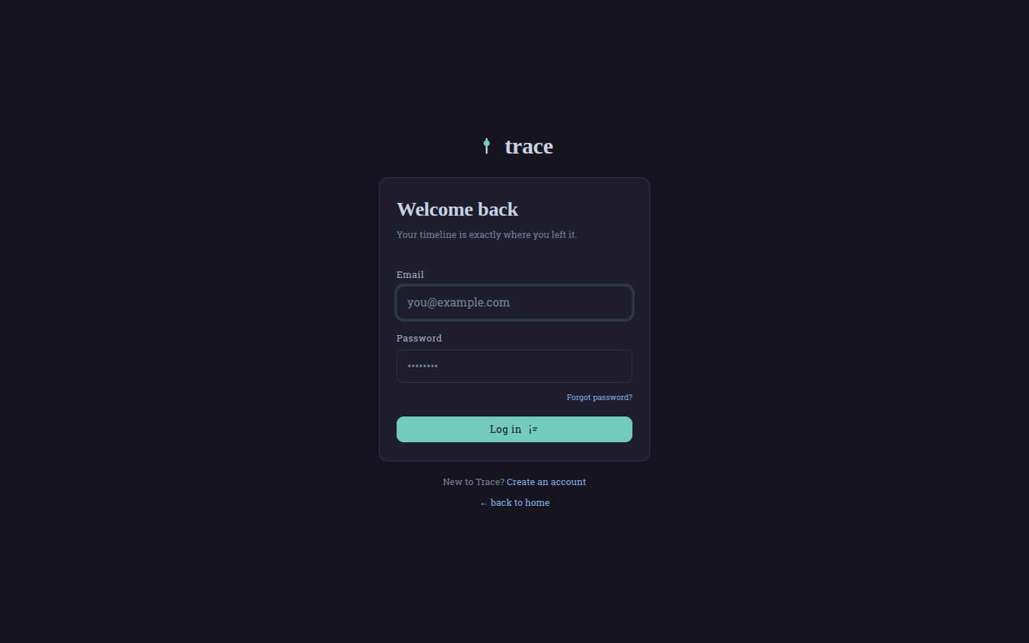 Trace log-in card with email and password fields.
