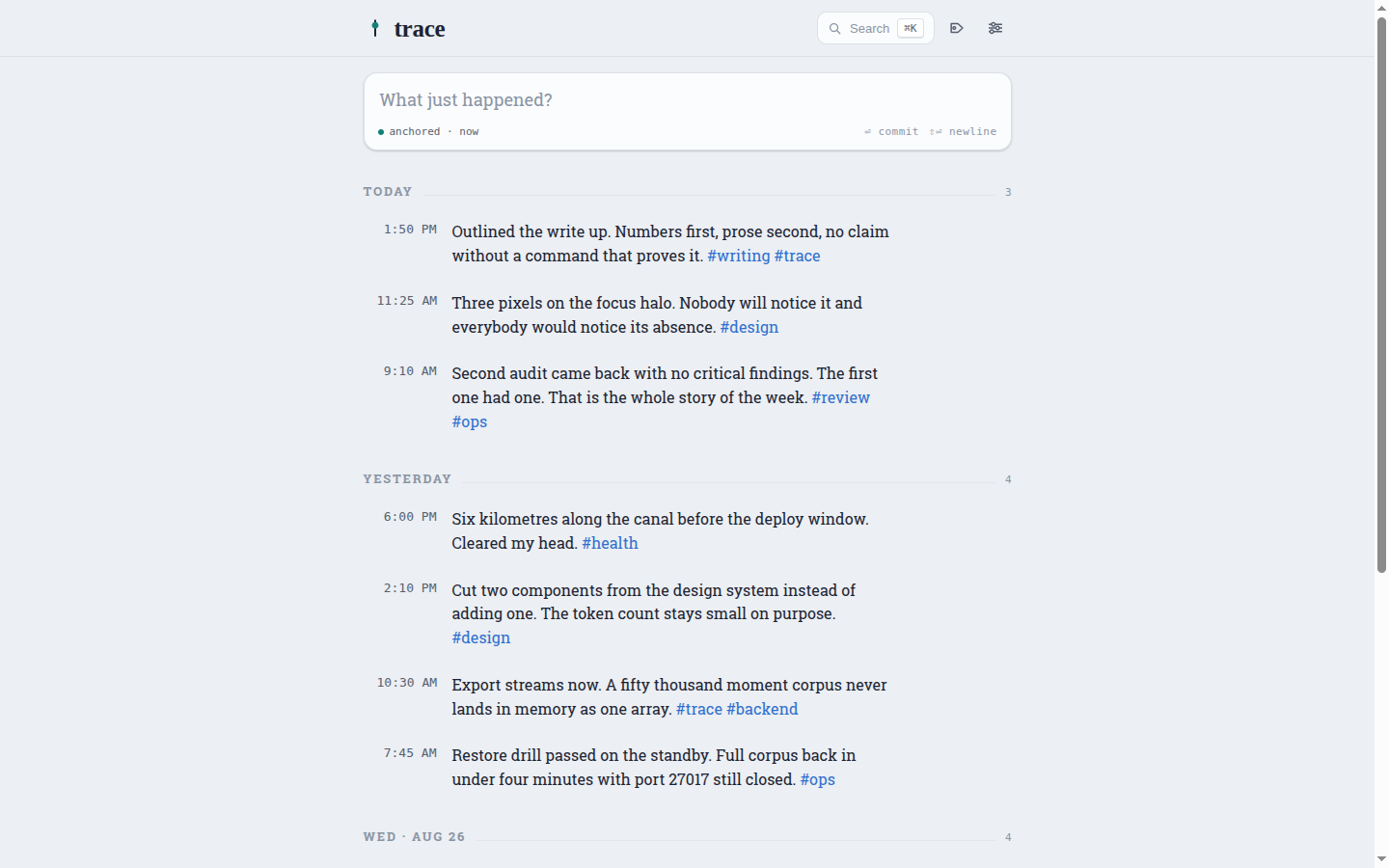 Trace timeline in the light theme with warm paper background.