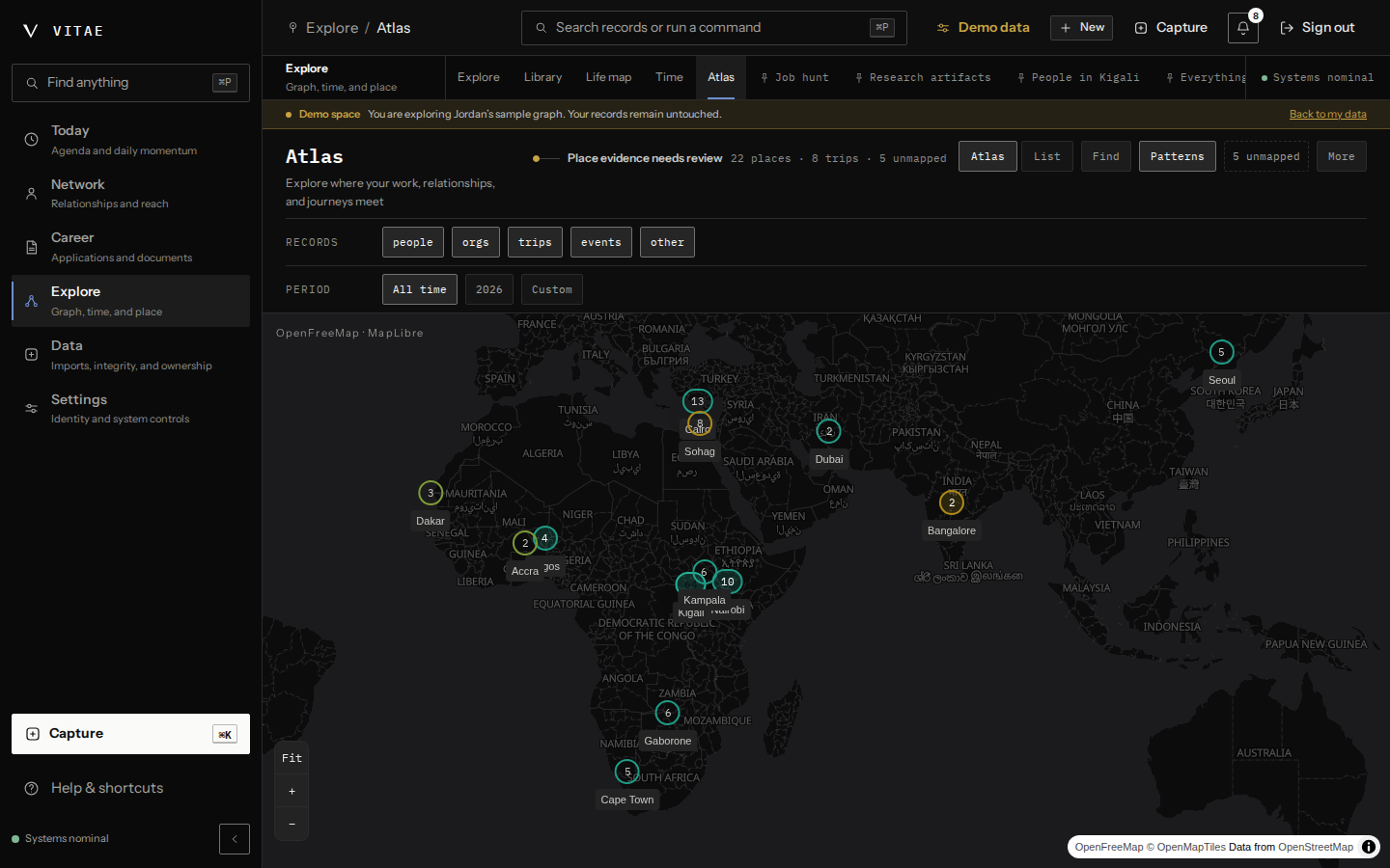 The Atlas, a dark world map with clustered counts over cities across Africa, the Middle East, South Asia and East Asia, noting 22 places, 8 trips and 5 unmapped.