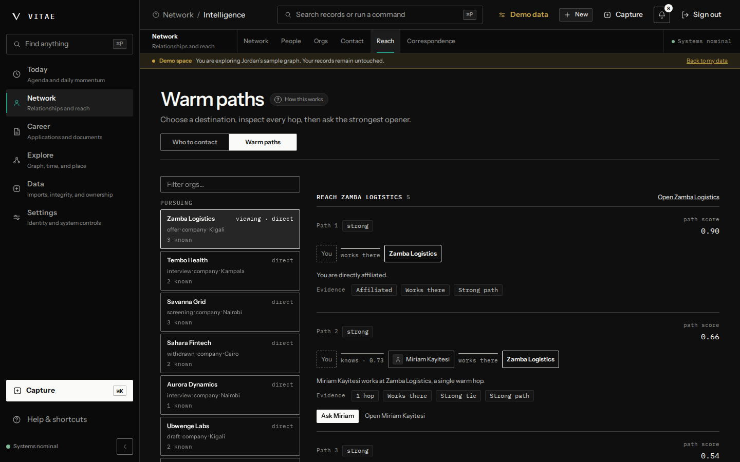 The Warm paths screen showing five routes to an organisation. A direct affiliation scores 0.90 and a single-hop introduction through a named colleague scores 0.66, each annotated with evidence chips.